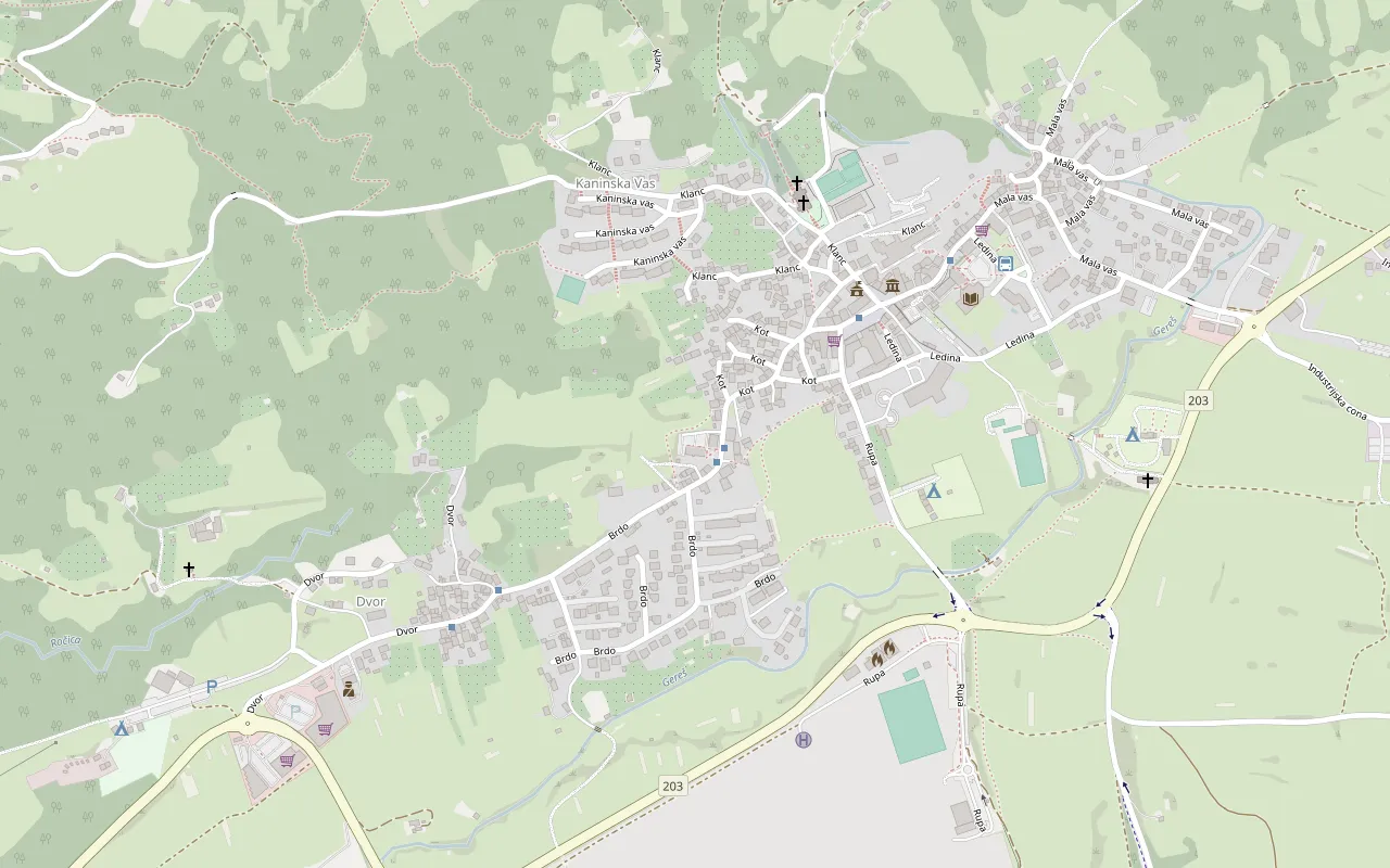 Zemljevid Bovca z oznakami: hiša Brdo 48, recepcija, središče in trgovini